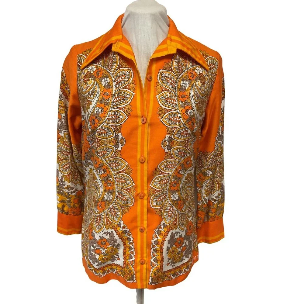 Vintage 1970s Orange Paisley & Floral Button-Up Blouse With Pointed Collar - Picture 1 of 5